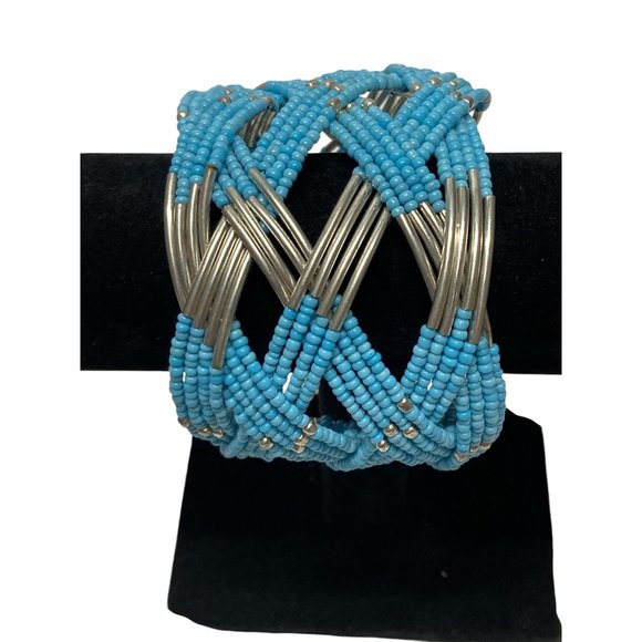 Turquoise Beaded & Silver-Tone Metal Open Cuff Bracelet Cris Beadwork Accessory - Picture 1 of 6